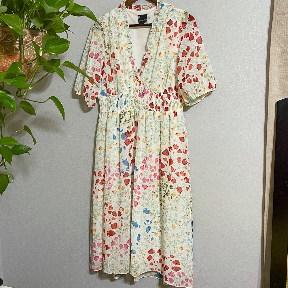 MAISON TARA Floral Smocked Clip Dot Chiffon Dress
